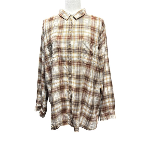 American Eagle Outfitters Tops - American Eagle Brown Cream Plaid Flannel Boho Button Down Shirt Eyelet Yoke XL